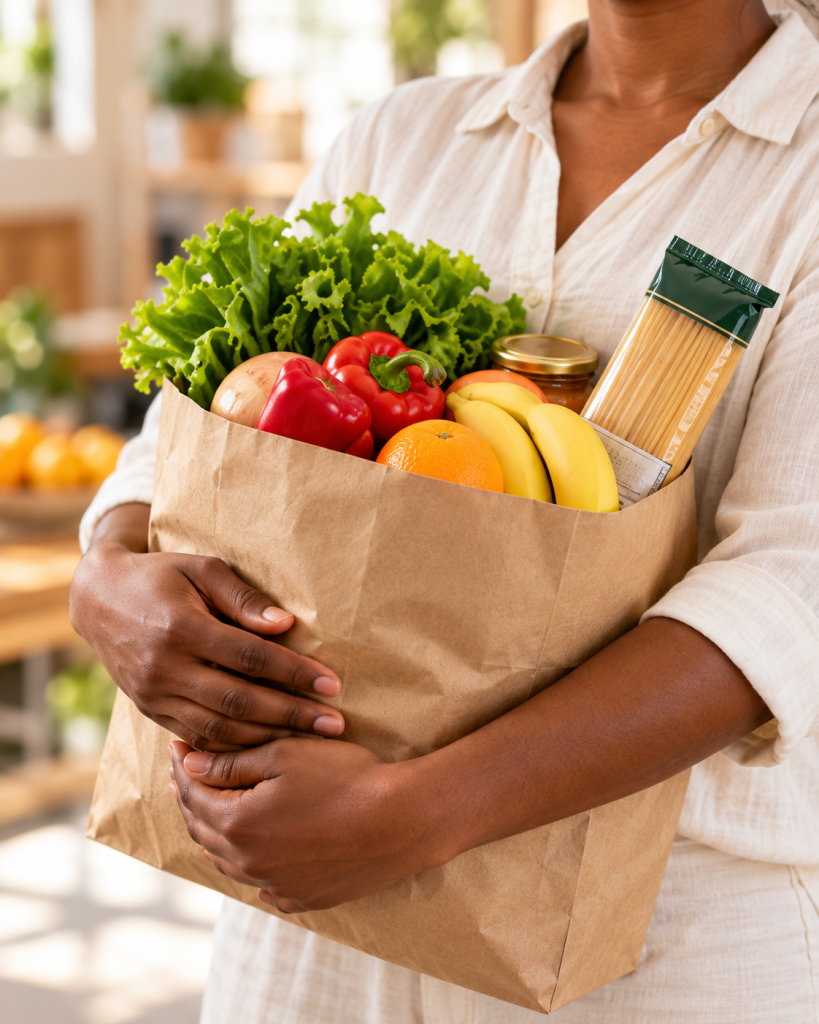 Woman Embracing a Fresh Grocery Bag